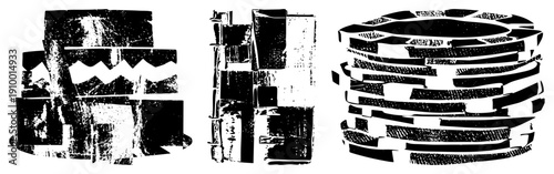 Stacked abstract forms with jagged edges and textured halftone, graphic art, vector composition, design, modern minimalism.