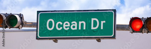 Ocean Drive Road Sign, Miami Beach, Florida. Selective focus. Panoramic image.