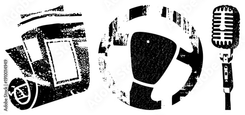 Retro equipment, stylized coffee cup, vinyl record player, classic microphone, halftone design, graphic symbols for music and caffeine culture.