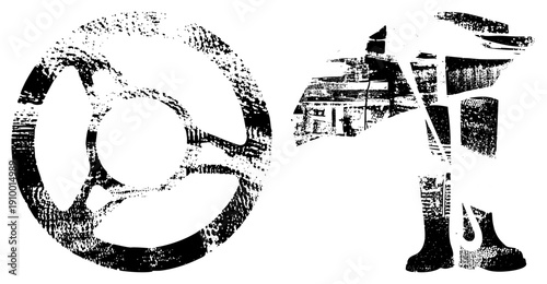 Retro car wheel with worn texture, driver figure in stylized, halftone grit effect, automotive, vector graphic, isolated elements.