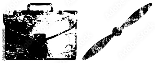 Grunge style briefcase and symbols, business travel, retro aviation and corporate, distressed vector art.
