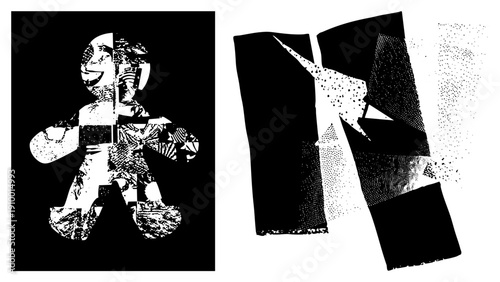 Stylized human form composed of fragmented geometric shapes, halftone dot textures, and high contrast black and white vector art, abstract expressionist design.