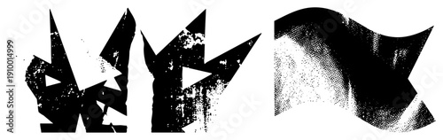 Bold black geometric shapes with distressed texture, halftone shading, and sharp angles, isolated vector art, modern graphic design elements.