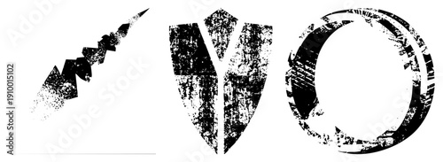 Three stylized with gritty, weathered textures lightning bolt, shield, and circular ring ideal for edgy branding or digital art. Vector graphic with high contrast black and white.