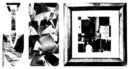 Fragmented polygonal forms in high contrast halftone, abstract art piece, graphic design element, modern visual texture, composition.
