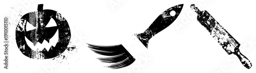 Halloween themed vector with distressed texture, spooky pumpkin, sharp knife, baking rolling pin, isolated symbols for design projects.