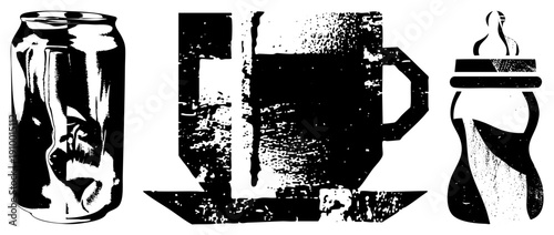 Retro beverage containers rendered in high contrast halftone, soda can, coffee mug with saucer, baby bottle, graphic design, vector art, illustration.