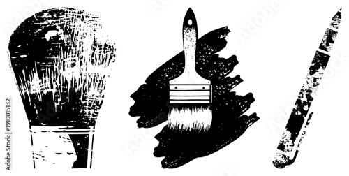 Graphic of artist tools makeup brush, paintbrush, marker rendered in gritty black and white with splatter texture, ideal for creative branding or design kits.