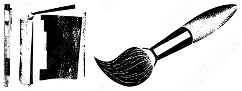 Classic writing instrument and paintbrush rendered in halftone style, artistic tools for drawing and illustration, graphic design elements, creative workflow essentials.