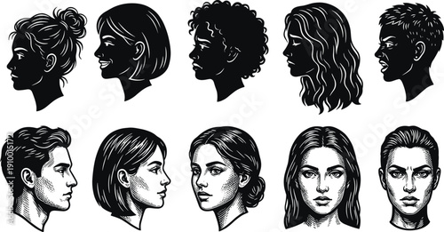 Male and female face profile silhouette and engraved portrait illustration set showing diverse hairstyles and expressions, human head icons isolated on white background