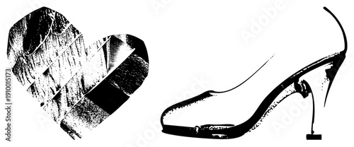 Romantic gift box shaped like heart, luxury footwear, fashion accessory, bridal gift, wedding symbol, elegant shoe, black and white graphic.