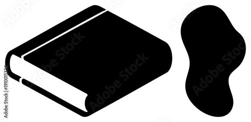 Black vector book with white spine, paired with fluid organic blob shape, minimalist design, flat graphic, digital asset, isolated elements.