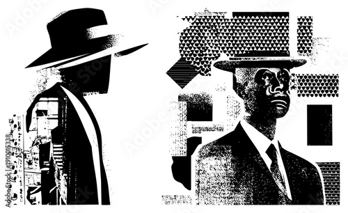 Silhouetted men in fedoras, one in profile, one facing forward, rendered in stark black and white with halftone textures and abstract geometric, evoking 1940s detective art.