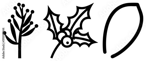 Festive holly berry, stylized pine branch, curved ribbon motif, holiday decor elements, flat vector art, seasonal symbols, Christmas graphic.