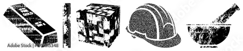 Grayscale halftone render of ruler, pixelated cube, safety helmet, mortar and pestle isolated vector for design, tech, or construction themes.
