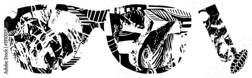 Graphic vector sunglasses with fragmented shapes, high contrast design, artistic lens, modern eyewear, stylized frames, bold graphic style.