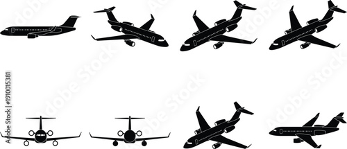 Set of private jet airplane silhouettes from multiple angles, modern business aircraft collection isolated on white background for aviation, travel, and transportation design use