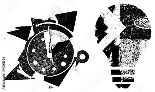 Fragmented clock with shattered geometric, broken lightbulb with starburst, halftone texture, conceptual design, time management, creative thinking.