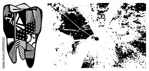 Stylized tooth graphic composed of fragmented geometric shapes, halftone textures, and gritty grunge, ideal for dental or artistic design projects.