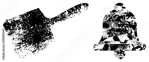 Black and white halftone graphic of shovel and bell, stylized vector, textured, isolated symbols, graphic design elements.