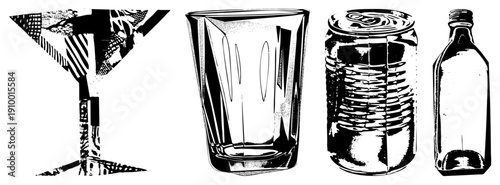 Graphic illustration of martini glass, tumbler, soda can, and bottle, rendered in high contrast halftone, ideal for bar, lounge, or packaging design.