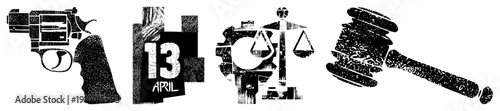 Gun, calendar date, scales of justice, gavel symbols of law enforcement, legal system, and judicial. Vector with halftone texture.