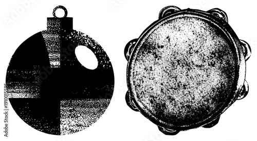 Black and white halftone vector illustration of festive ornament and tambourine, holiday decor, musical instrument, retro graphic, textured, festive symbols.