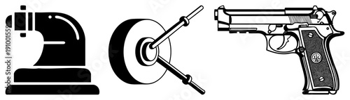 Black silhouette of sewing machine, spindle wheel, and pistol, minimalist vector design, isolated foreground elements, flat style graphic.