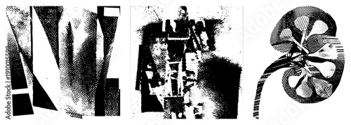 Bold abstract shapes with halftone textures, graphic design elements, modern art composition, vector illustration,, stylized forms.