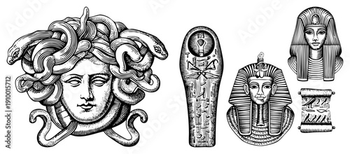 Medusa head with serpentine hair, Egyptian sarcophagus, pharaoh mask, hieroglyphic scroll, ancient, mythological motifs, historical symbols.
