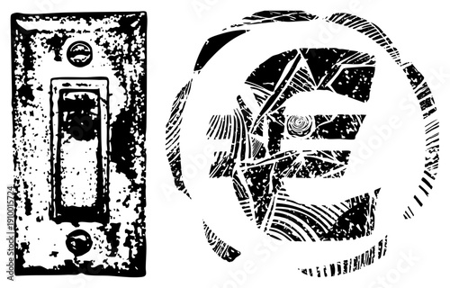 Retro cassette player with worn texture, stylized euro currency symbol, distressed halftone, vector art, design, digital illustration.