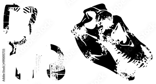 Bold black and white vector illustrations of T skull and footprints with distressed texture, prehistoric theme, paleontological design, isolated graphic elements.