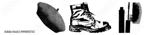 Classic combat boot with laces and rugged sole, beret with textured, wand and tube, all rendered in halftone dot style, isolated vector graphics.