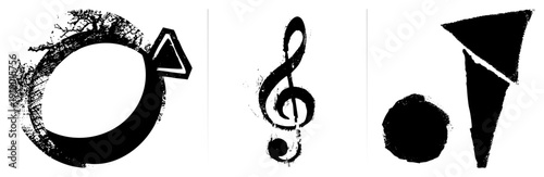 Rough textured male gender symbol, musical treble clef, abstract circle and triangle, vector art with distressed edges, isolated graphic elements.