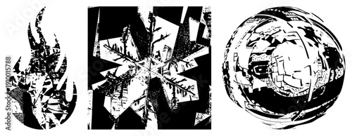 Stylized black and white vector jagged flame, snowflake, fractured sphere. Graphic design elements with halftone texture, isolated foreground, high contrast shapes.