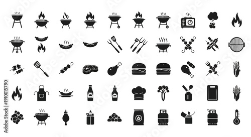 BBQ and grilling icon set – barbecue food, grill equipment, fire, meat and outdoor cooking vector pack