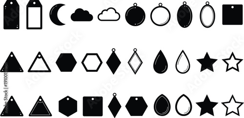 Minimal black jewelry tag and charm shapes collection with geometric pendants icons for laser cutting, craft design, engraving templates, vector silhouettes set isolated