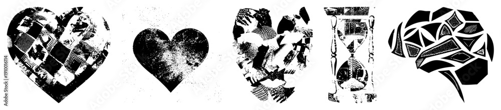 Fototapeta premium Fragmented heart and hourglass vector with halftone textures, stylized graphic elements, design, isolated symbols for branding or UI.