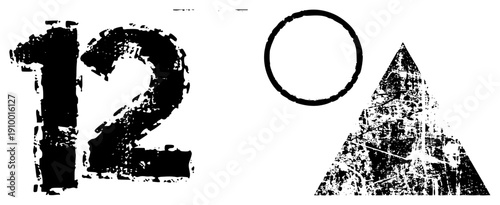 Distressed black number twelve, rough circle, textured triangle, vector art, graphic design element, abstract shapes, gritty aesthetic, bold typography.