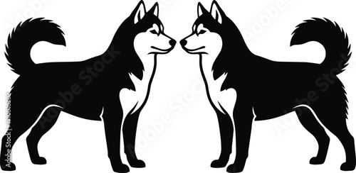 Two symmetrical husky dog silhouettes facing each other in black and white, minimalist vector illustration symbolizing balance, loyalty, companionship, mirror reflection, and modern animal design