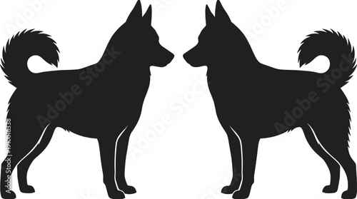 Two mirrored dog silhouettes facing each other in black and white, symmetrical canine illustration representing balance, loyalty, companionship, minimal design, and modern vector wildlife concept