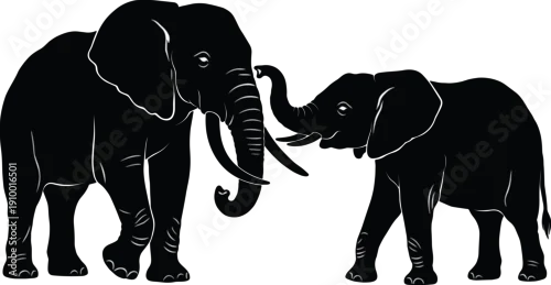 Fototapeta Adult and baby elephant silhouettes touching trunks in black and white, minimalist vector illustration representing family bond, wildlife love, safari animals, nature conservation, and emotional 