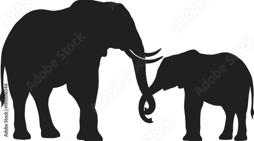 Adult elephant and baby elephant touching trunks in black silhouette illustration, symbolic wildlife artwork representing family bond, love, protection, nature, and African animal conservation