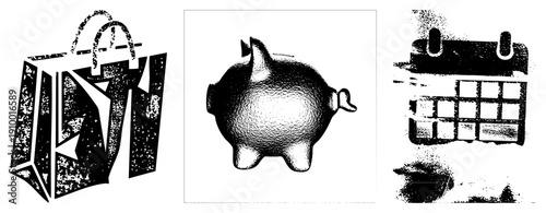 Retro styled shopping bag, piggy bank, and calendar rendered in halftone dot, vector graphic, isolated symbols for finance and retail design.