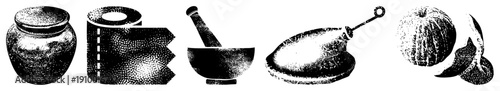 Classic kitchen tools and fruits rendered in halftone, mortar and pestle, jar, paper roll, roasted chicken,, retro cooking, food.