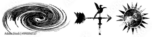 Vector weather halftone hurricane swirl, bird topped wind vane, sunburst with textured rays, graphic design elements.