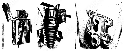 Vectorized mechanical including lighter, grenade, and hinge bracket, rendered in high contrast halftone style, isolated foreground elements with sharp geometric shapes and gritty texture.