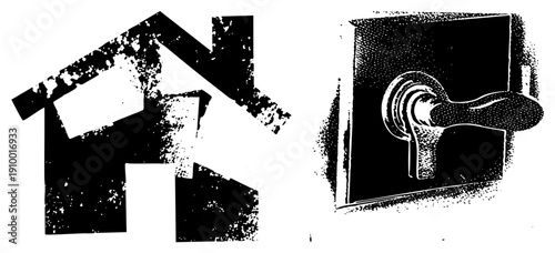 Abstract home symbol and vintage door handle, halftone print style, graphic design elements, vector, black and white illustration, minimalist architecture, door hardware.