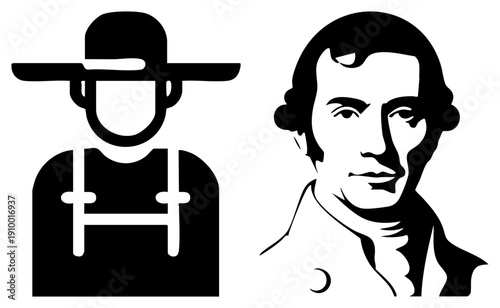 Two stylized figures farmer in overalls and hat, historical portrait bust, minimalist vector art, black silhouette, graphic design elements.