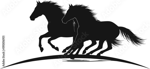 Black and white horse silhouette illustration featuring two running horses in dynamic motion, equestrian artwork symbolizing freedom, speed, and nature, perfect for creative design projects.